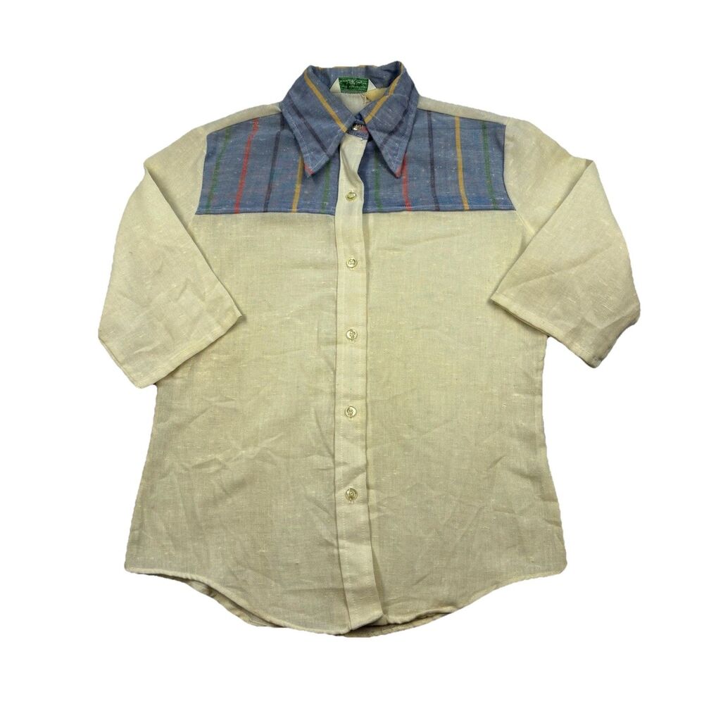 Vintage 70s Sears JR Bazaar Striped Yoke Western Boho Blouse - Size 7 (Small)